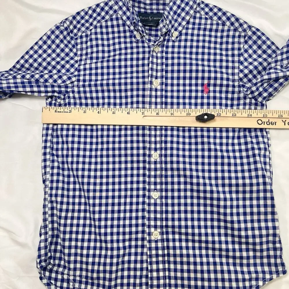 Polo Ralph Lauren Shirt Boy Size S (8) Blue Gingham Pink Pony Logo Button Preppy